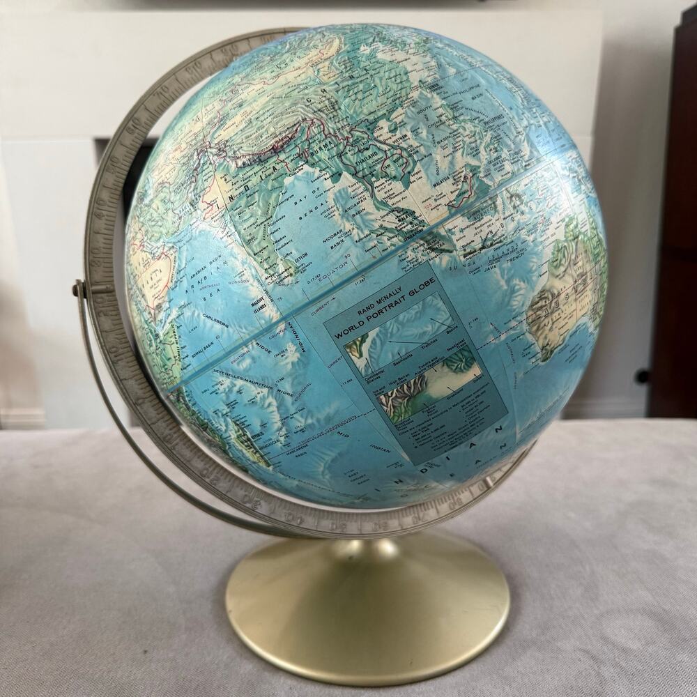 Vintage Rand McNally World Portrait Globe 12" Raised Relief Metal Stand USSR